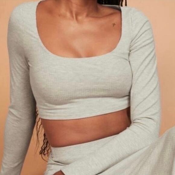 Reformation Pima Cropped Ribbed Top Size S Marble Gray Stretch Long Sleeve - Picture 1 of 9
